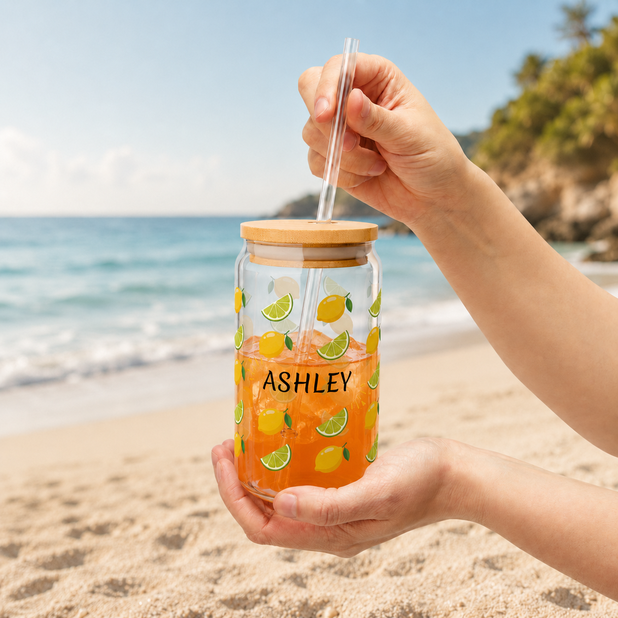 Personalized Lemon Lime Sipper Glass 16oz – Custom Name Bamboo Lid Drink Tumbler