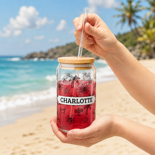 Personalized Beach Pattern Sipper Glass – 16oz Tumbler with Straw (Custom Name)