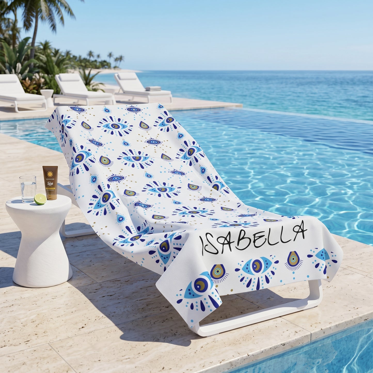 Personalized Evil Eye Design Beach Towel — Custom Name Towel