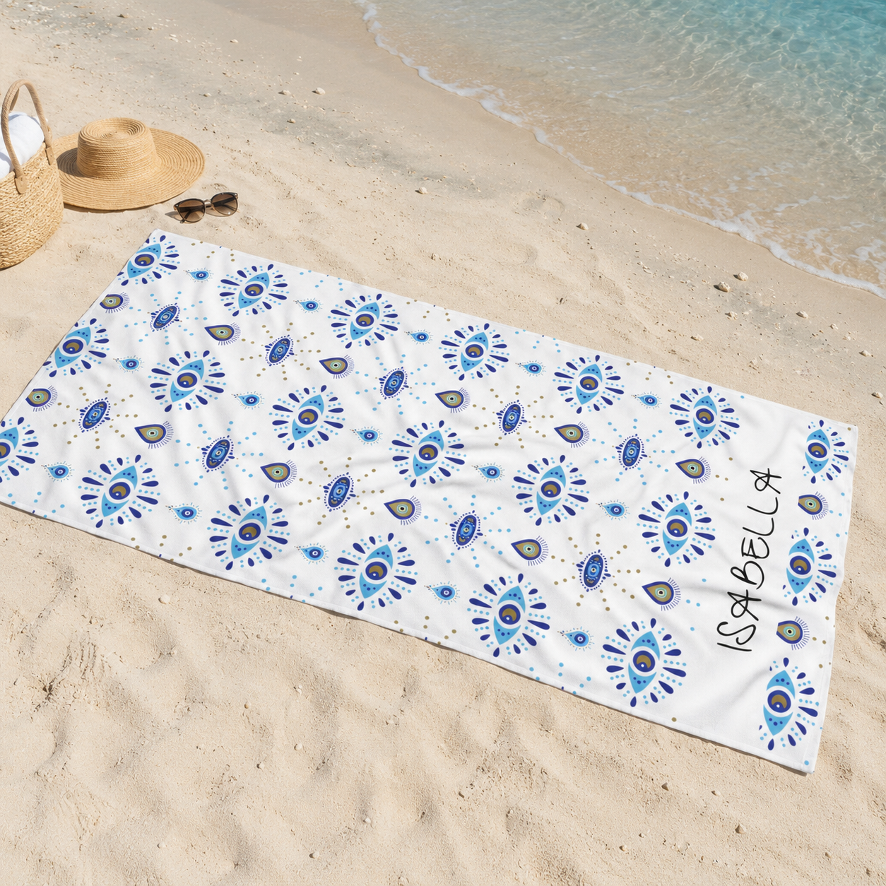 Personalized Evil Eye Design Beach Towel — Custom Name Towel