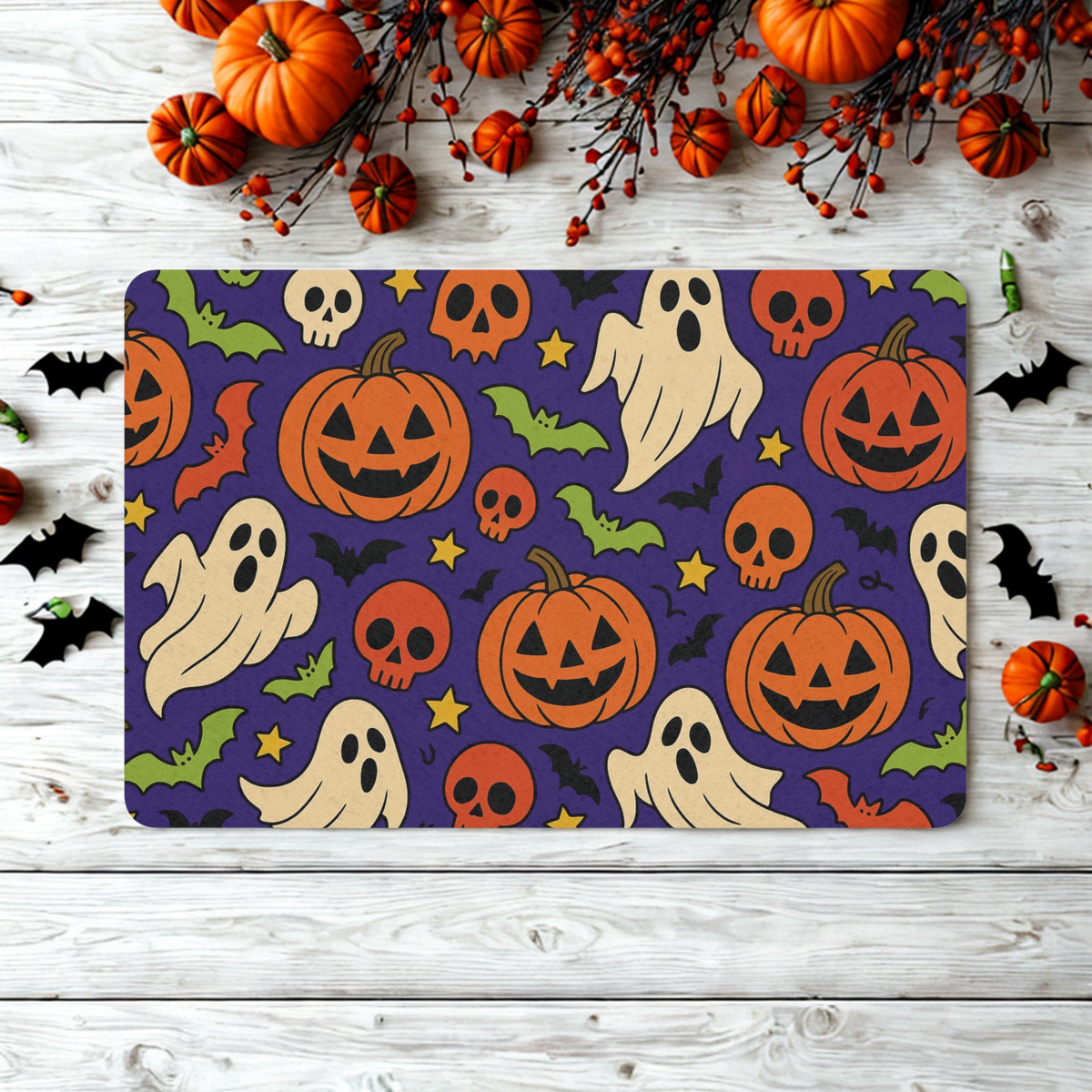 Halloween Pet Food Mat with Ghosts and Pumpkins, Spooky Decor for Pet Lovers