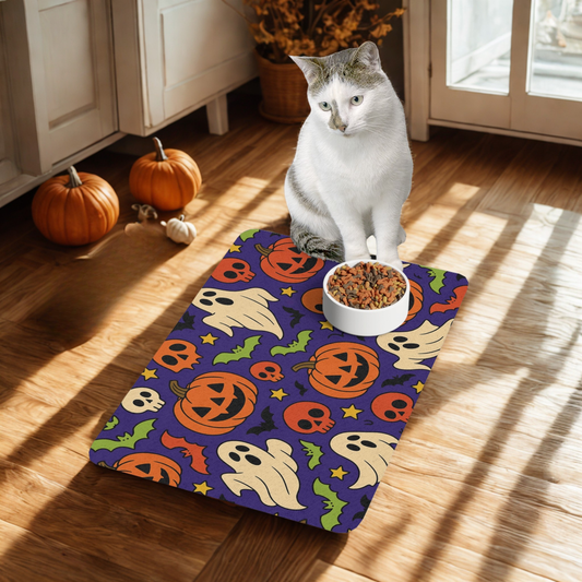 Halloween Pet Food Mat with Ghosts and Pumpkins, Spooky Decor for Pet Lovers