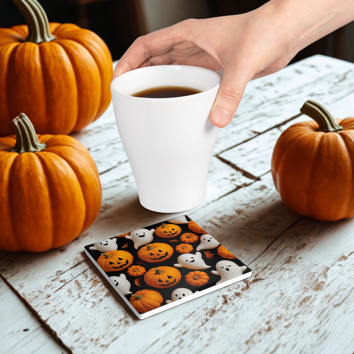 Halloween Ceramic Coaster Set, Ghost and Pumpkin Designs, Spooky Home Decor