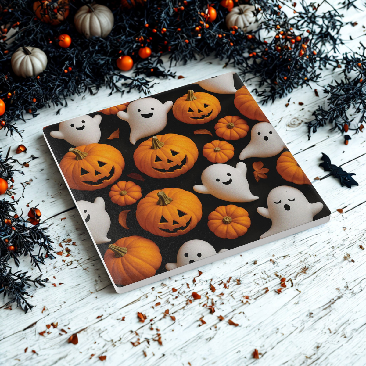 Halloween Ceramic Coaster Set, Ghost and Pumpkin Designs, Spooky Home Decor