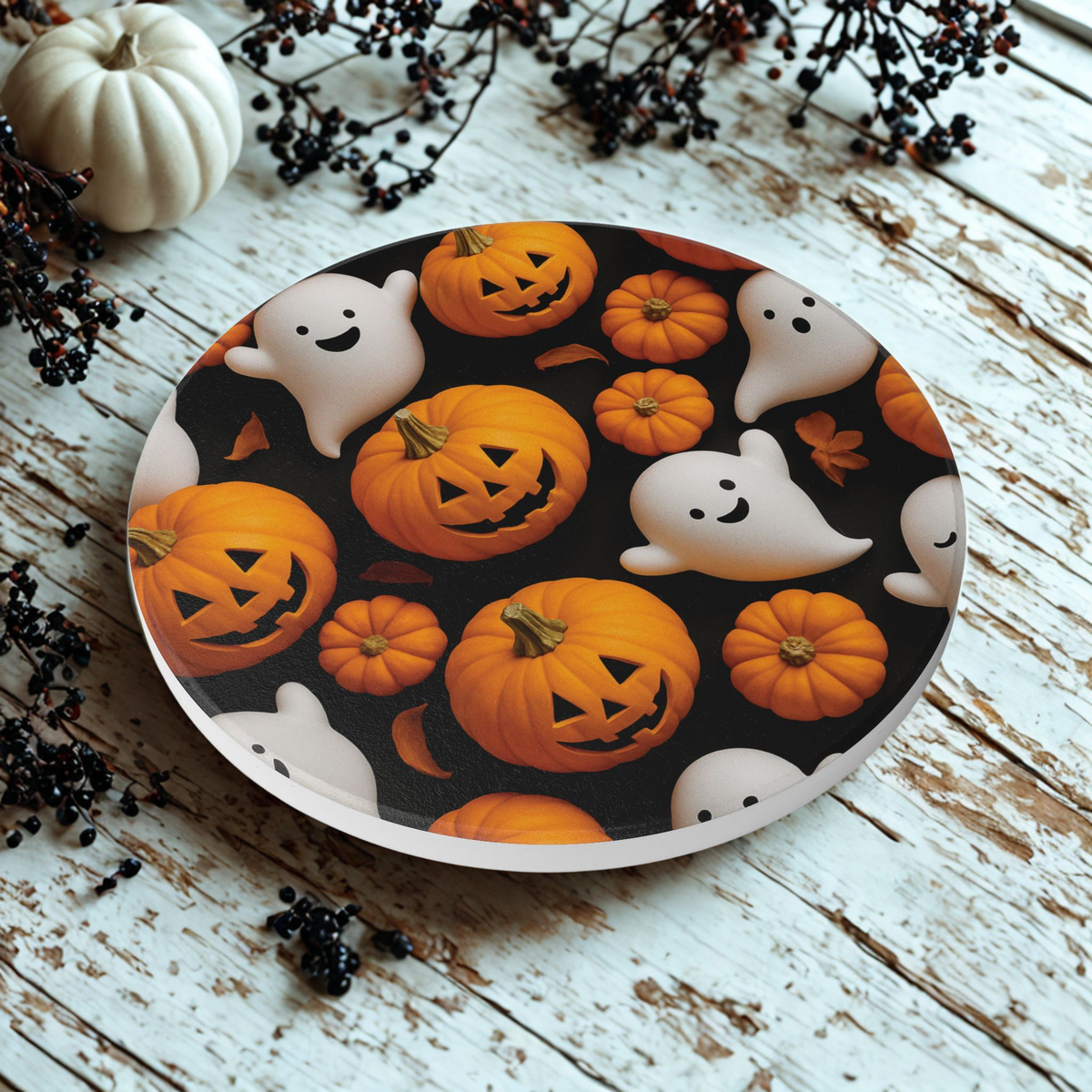 Halloween Ceramic Coaster Set, Ghost and Pumpkin Designs, Spooky Home Decor