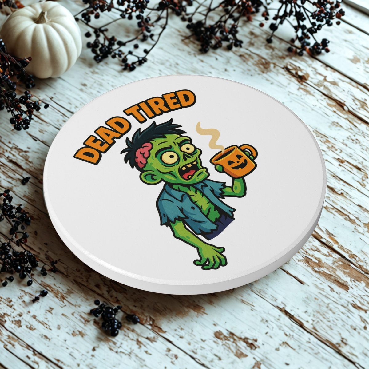 Funny Zombie Ceramic Coaster - Dead Tired Halloween Decor