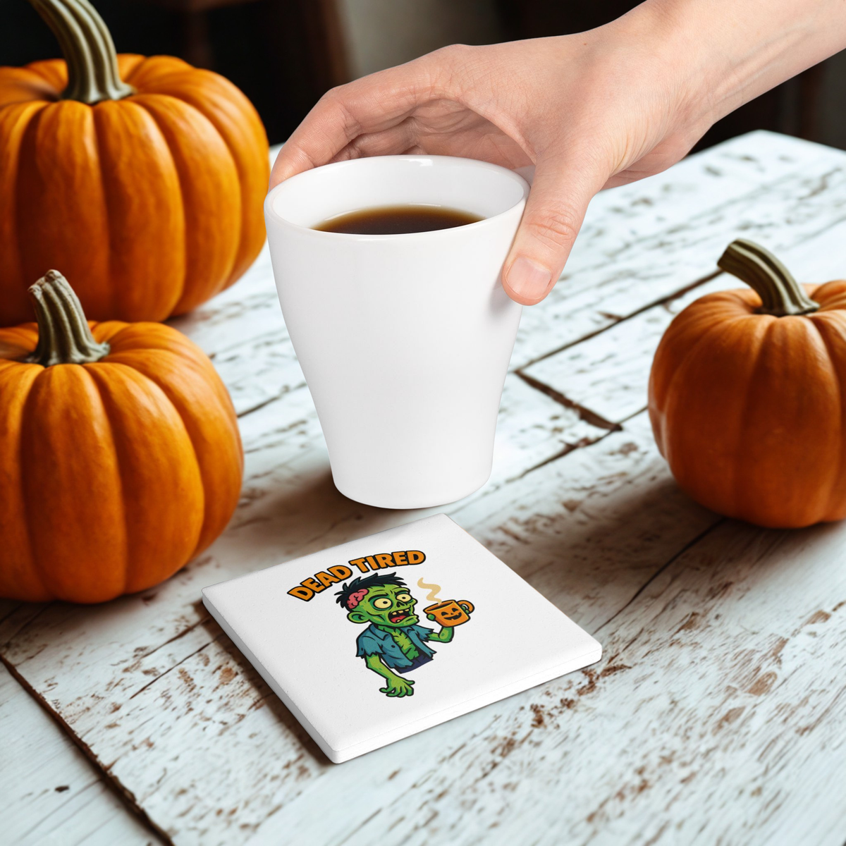 Funny Zombie Ceramic Coaster - Dead Tired Halloween Decor