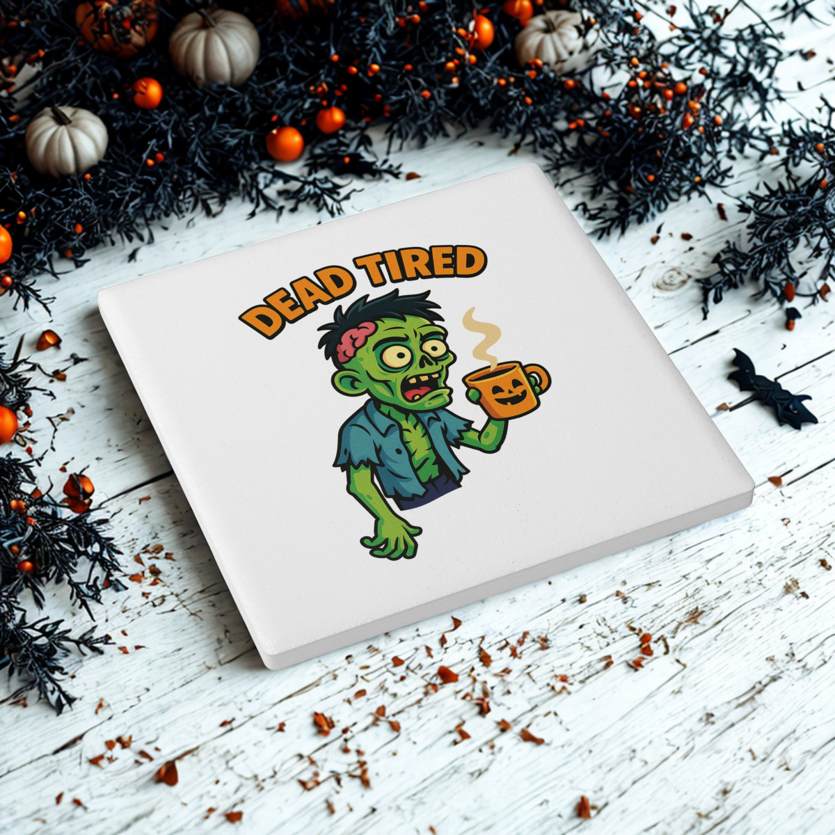 Funny Zombie Ceramic Coaster - Dead Tired Halloween Decor
