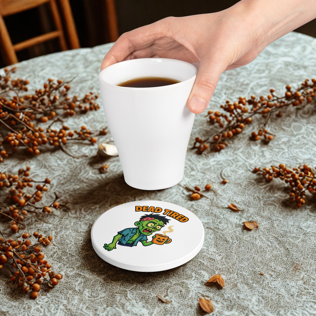 Funny Zombie Ceramic Coaster - Dead Tired Halloween Decor