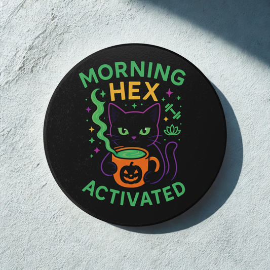 Whimsical Cat Ceramic Coaster, Morning Hex Activated, Halloween Decor