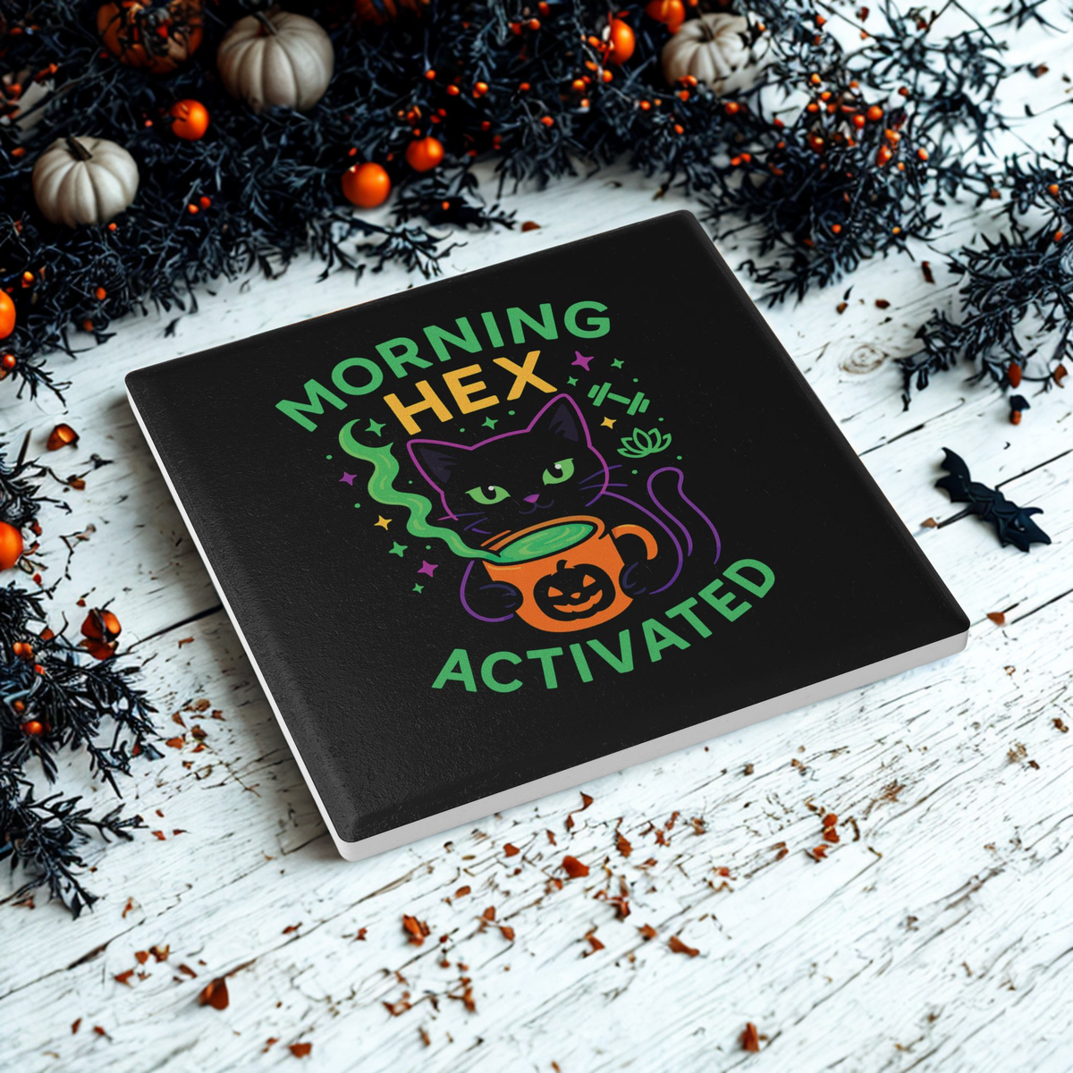 Whimsical Cat Ceramic Coaster, Morning Hex Activated, Halloween Decor