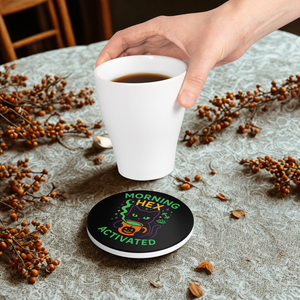 Whimsical Cat Ceramic Coaster, Morning Hex Activated, Halloween Decor