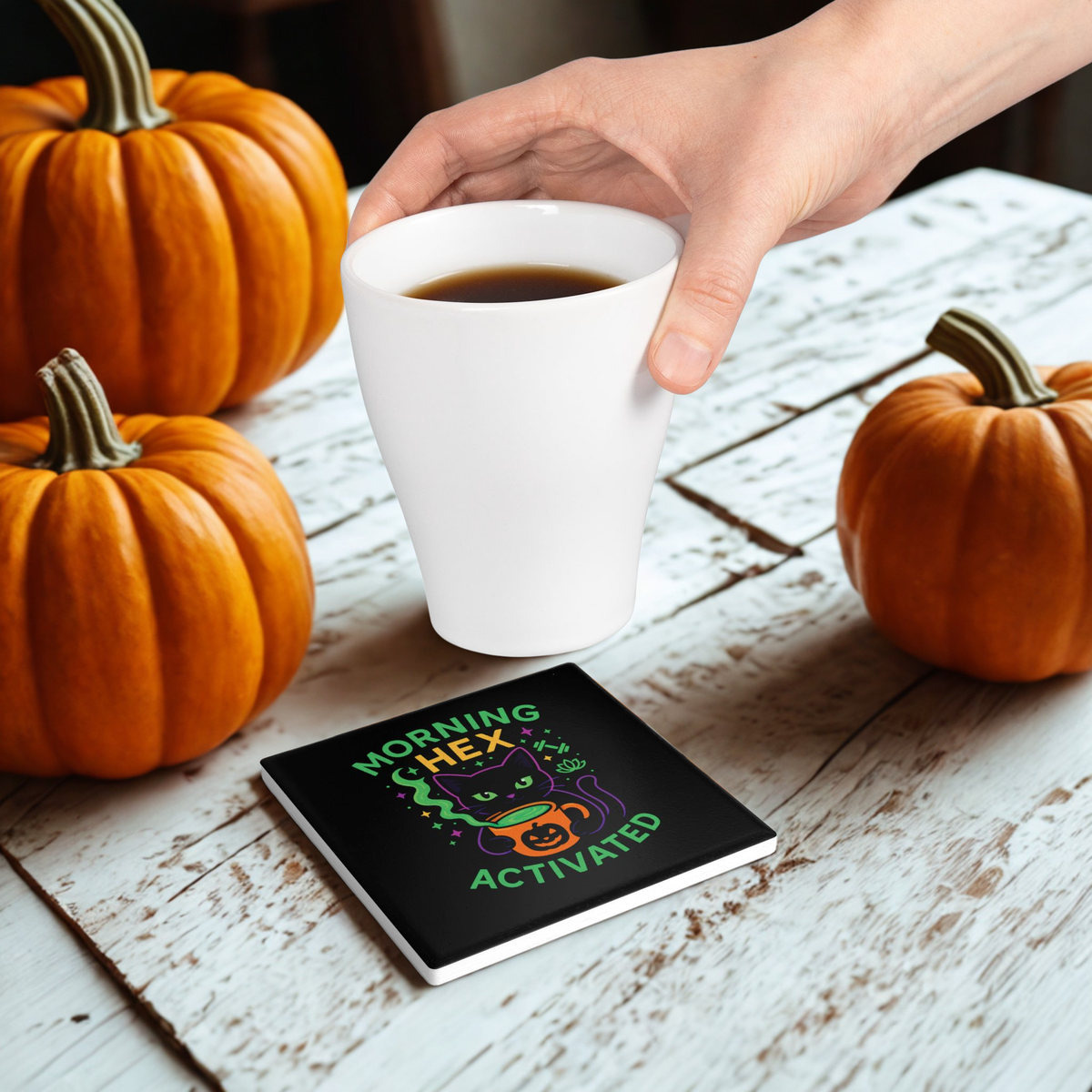 Whimsical Cat Ceramic Coaster, Morning Hex Activated, Halloween Decor