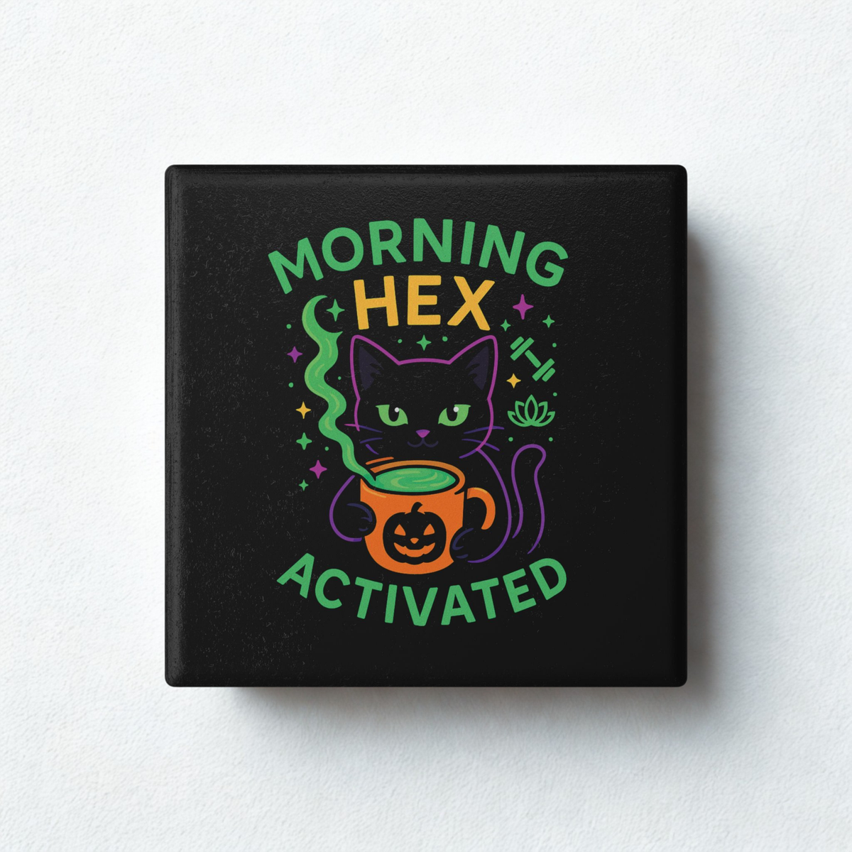 Whimsical Cat Ceramic Coaster, Morning Hex Activated, Halloween Decor