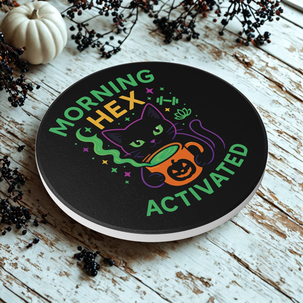 Whimsical Cat Ceramic Coaster, Morning Hex Activated, Halloween Decor