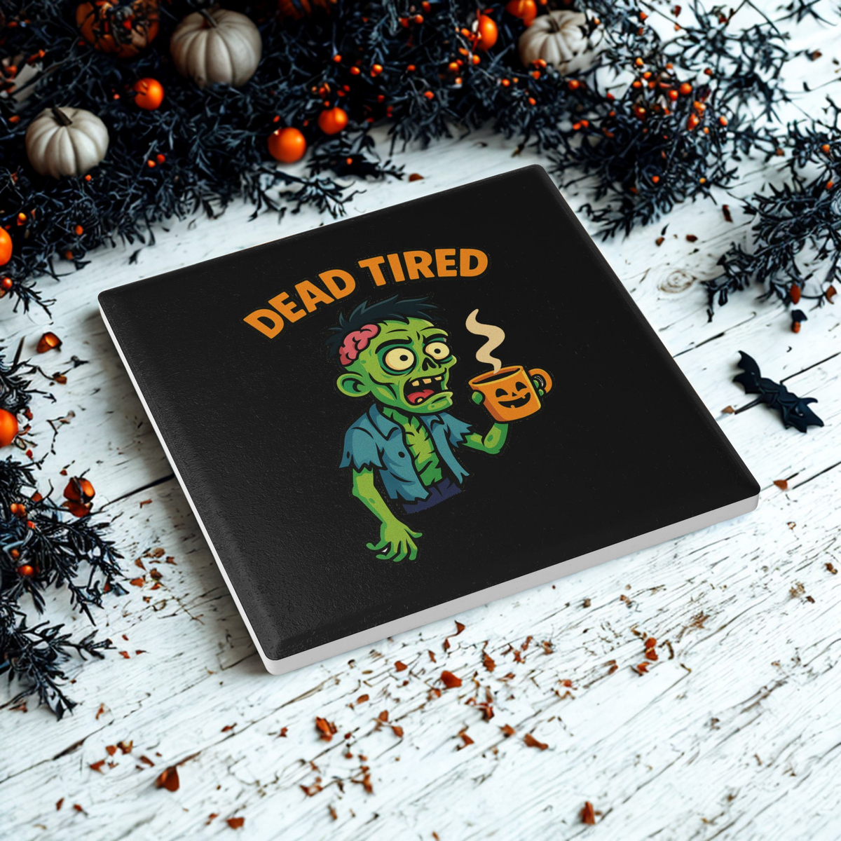 Funny Zombie Ceramic Coaster - Dead Tired Halloween Decor