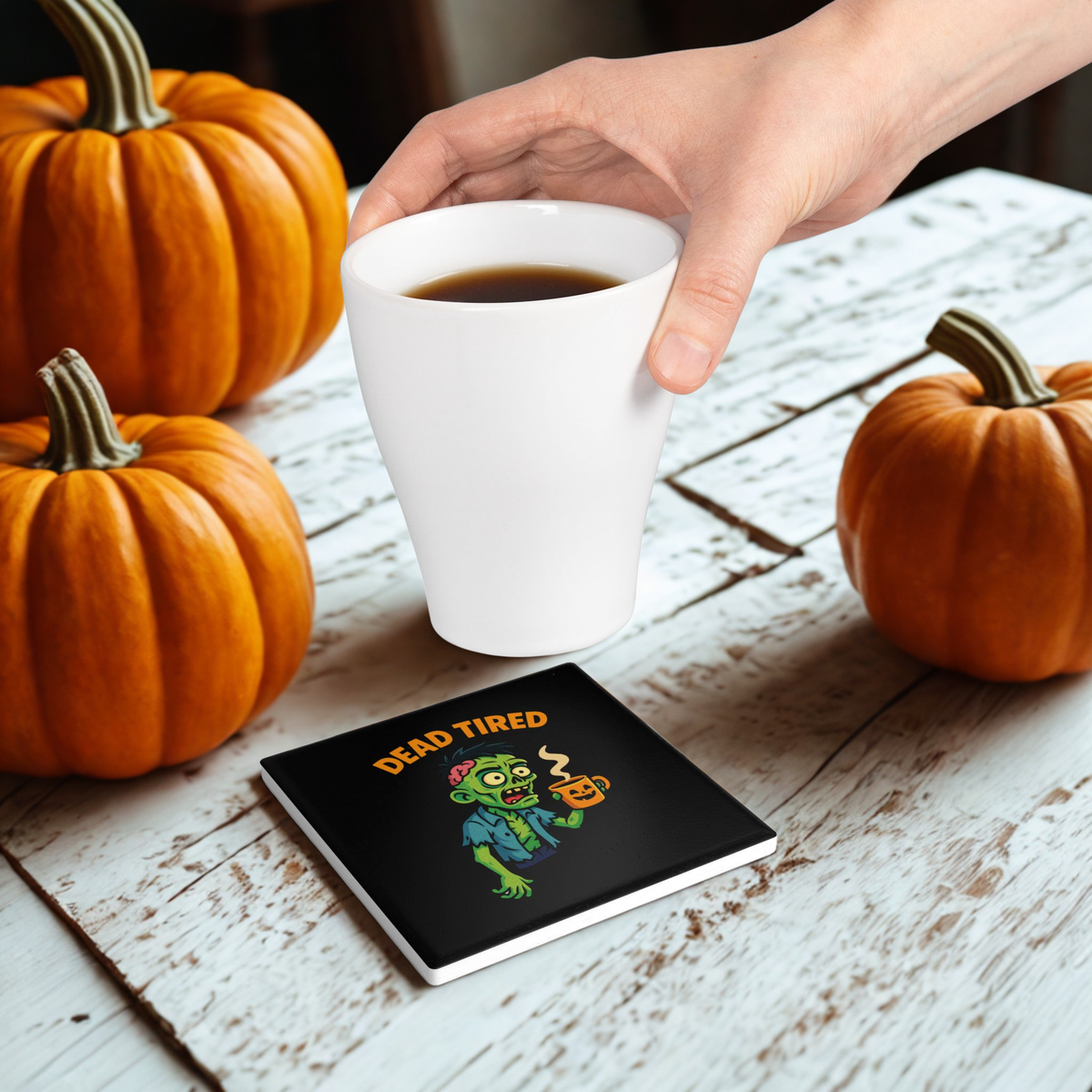 Funny Zombie Ceramic Coaster - Dead Tired Halloween Decor