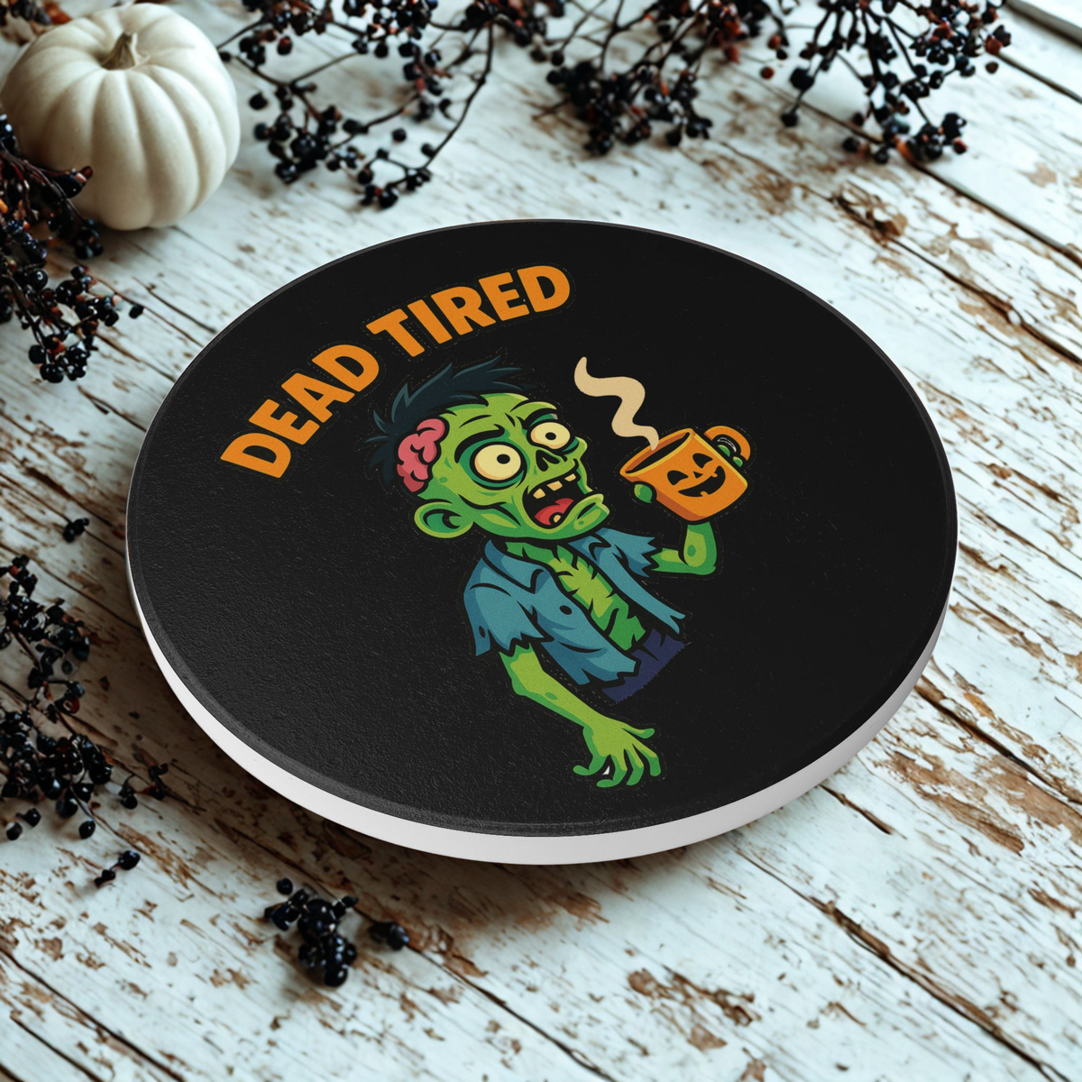 Funny Zombie Ceramic Coaster - Dead Tired Halloween Decor