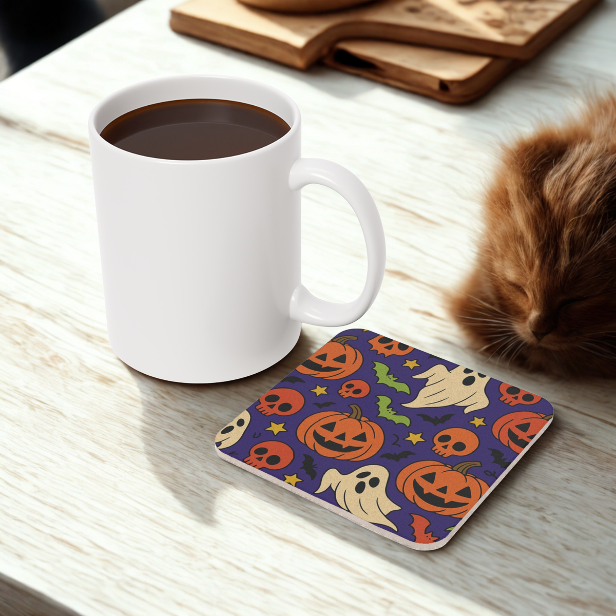Halloween-Themed Coaster, Spooky Coaster Set, Ghost and Pumpkin Design