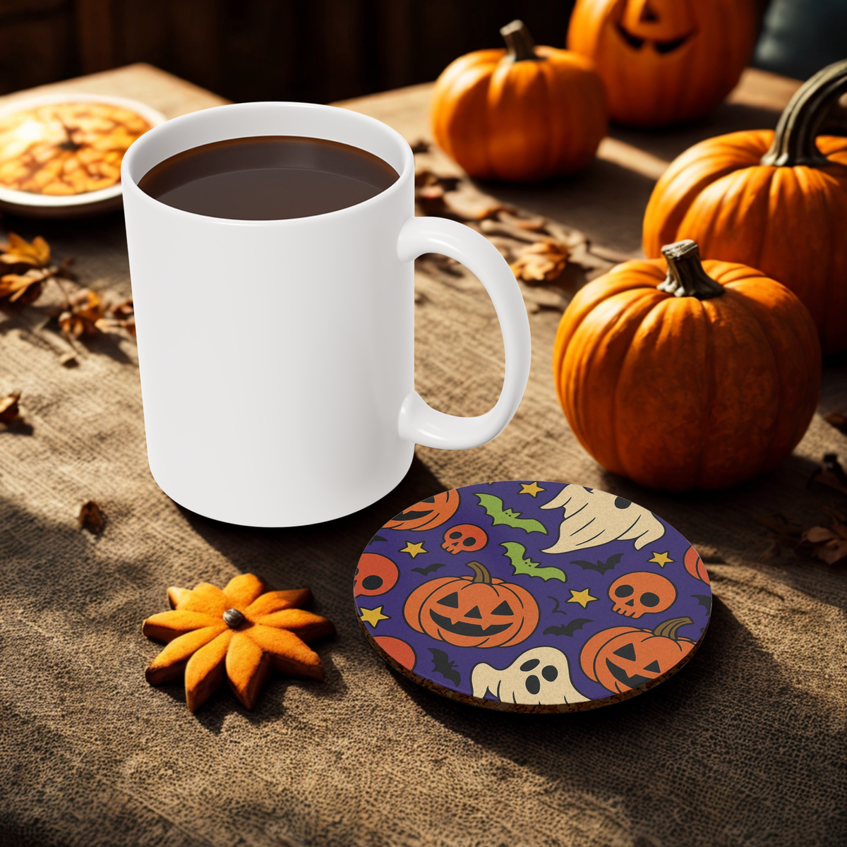 Halloween-Themed Coaster, Spooky Coaster Set, Ghost and Pumpkin Design