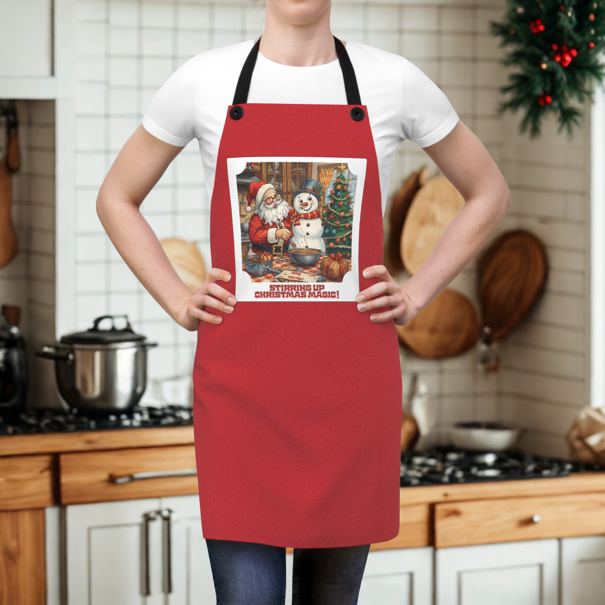 Vintage Christmas Baking Apron — 'Stirring Up Christmas Magic!' Santa & Snowman Holiday Kitchen Apron
