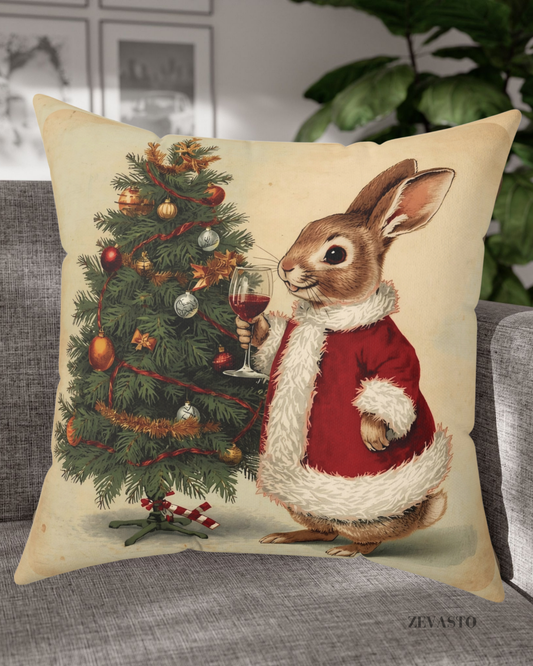 Vintage Christmas Pillow - Holiday Tree & Bunny Decorative Throw Pillow