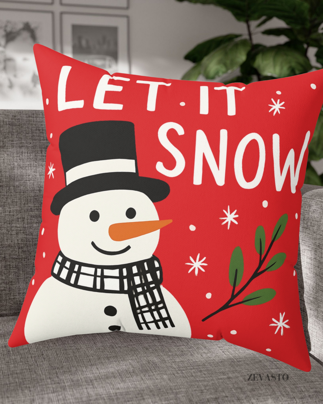 Let It Snow, Snowman Decorative Pillow - Holiday Christmas Throw Cushion