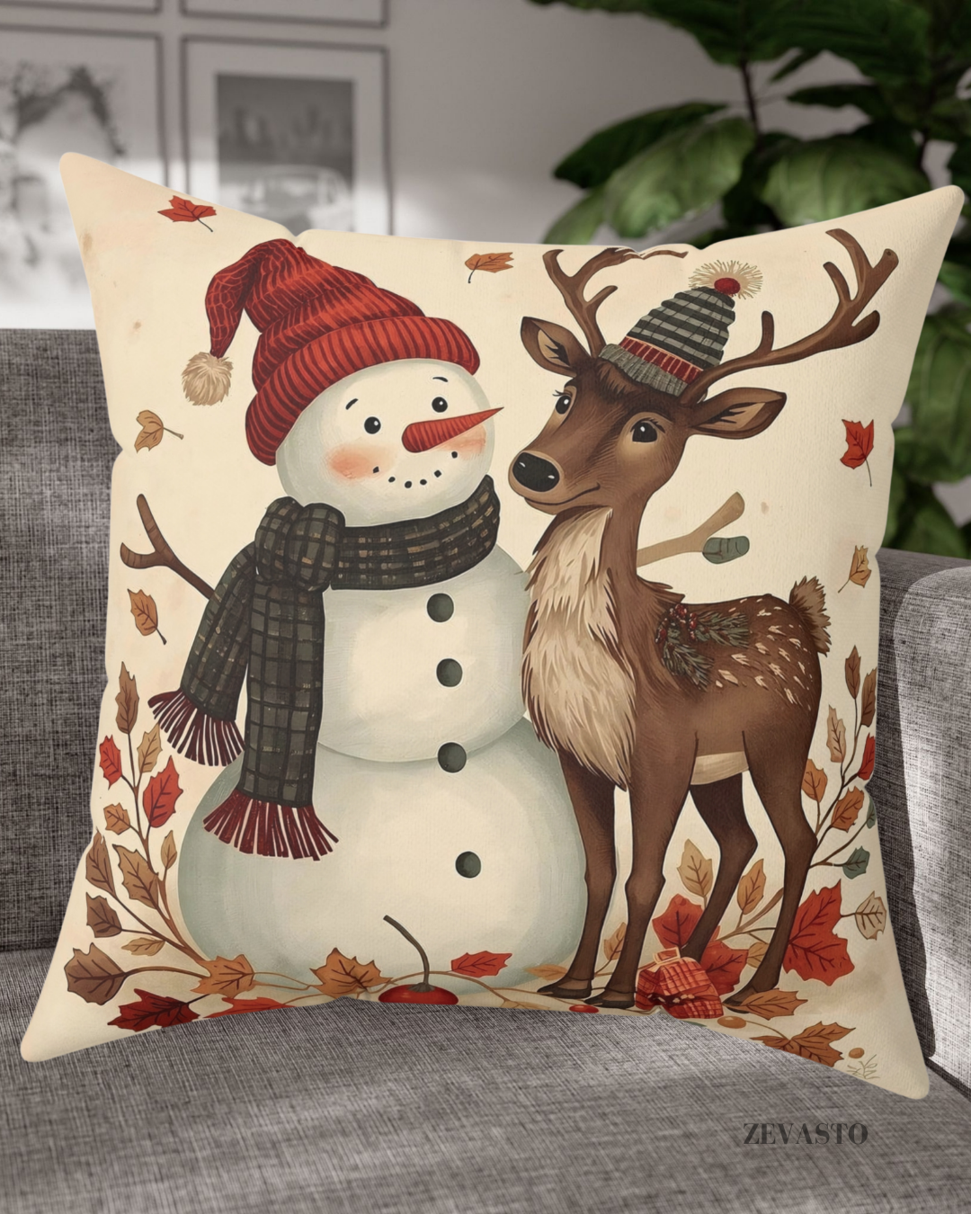Festive Snowman & Reindeer Holiday Pillow — Cozy Christmas Decorative Throw Pillow