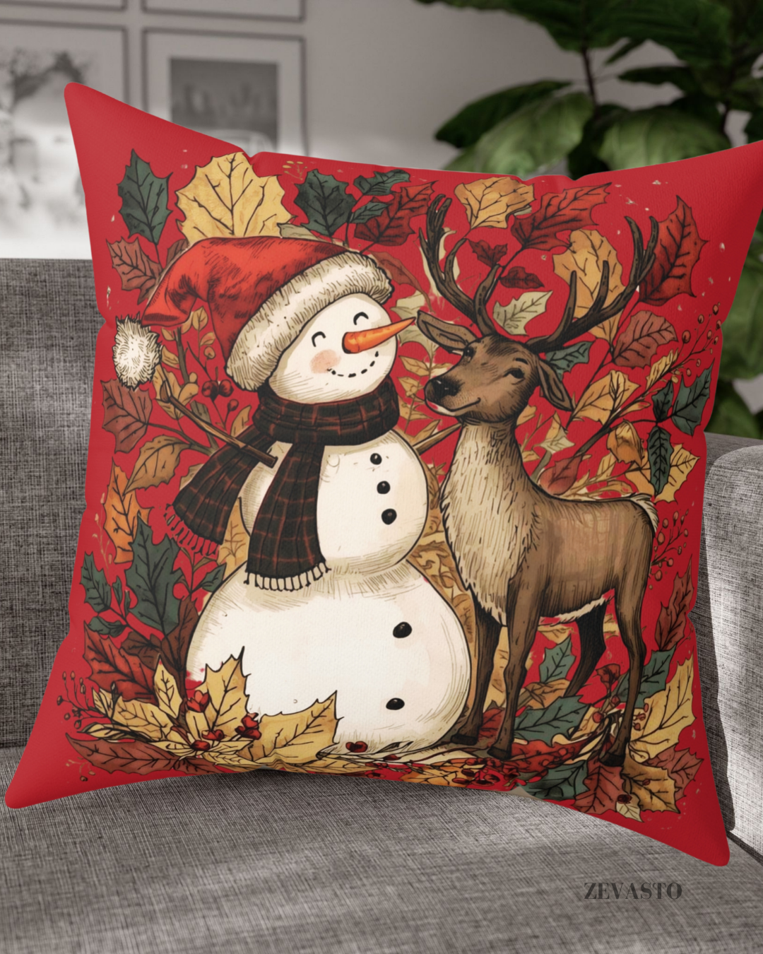 Christmas Snowman & Reindeer Decorative Pillow — Red Holiday Throw Cushion