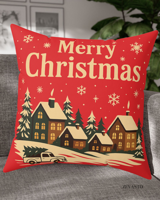 Merry Christmas Village Throw Pillow - Festive Holiday Decorative Cushion