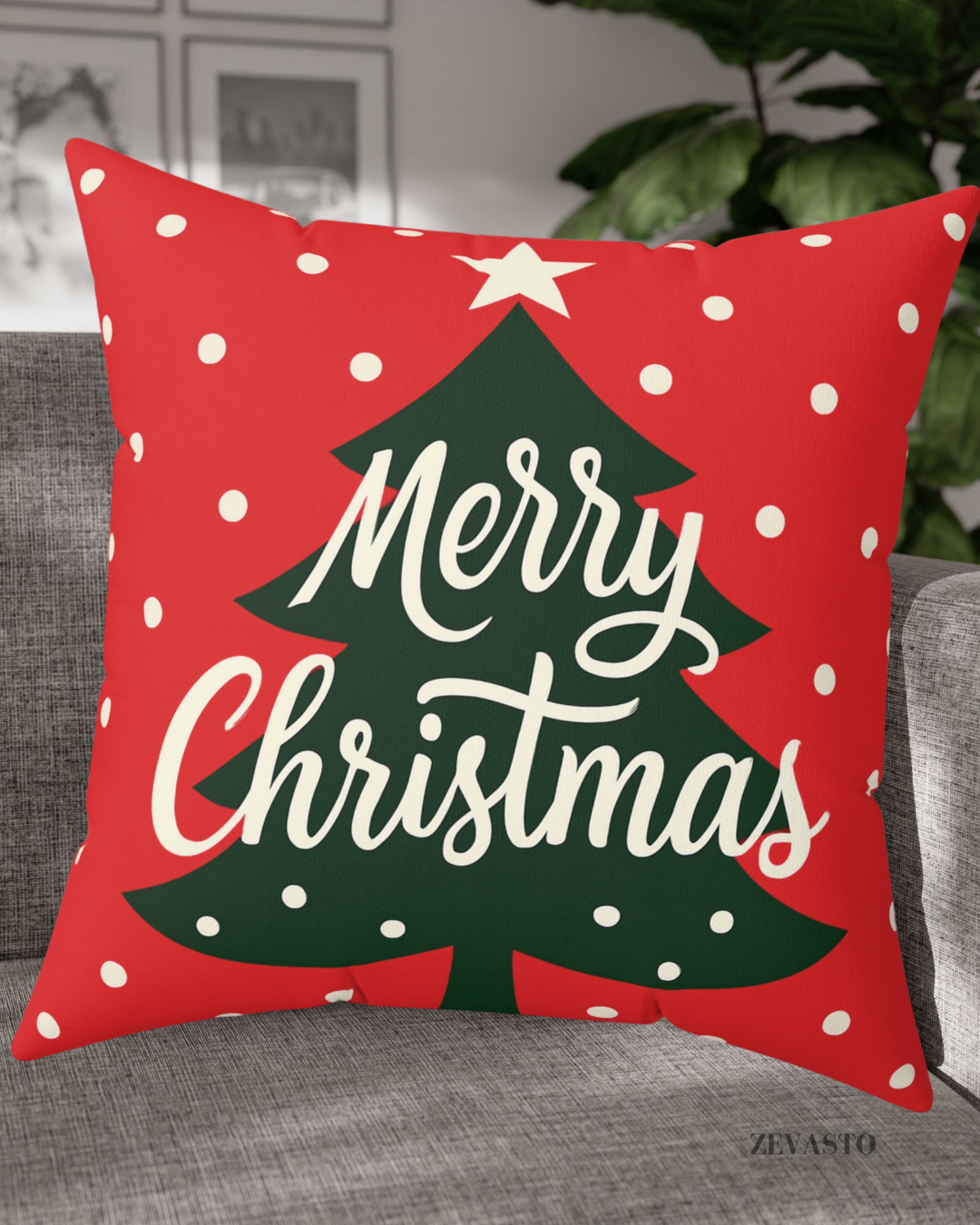 Merry Christmas Tree Holiday Pillow — Red Spun Polyester Square Throw Pillow