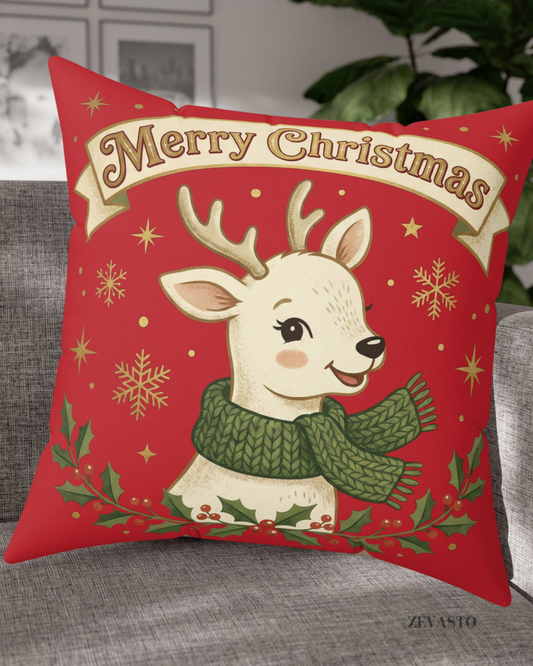 Christmas Reindeer Throw Pillow - "Merry Christmas" Festive Holiday Decor