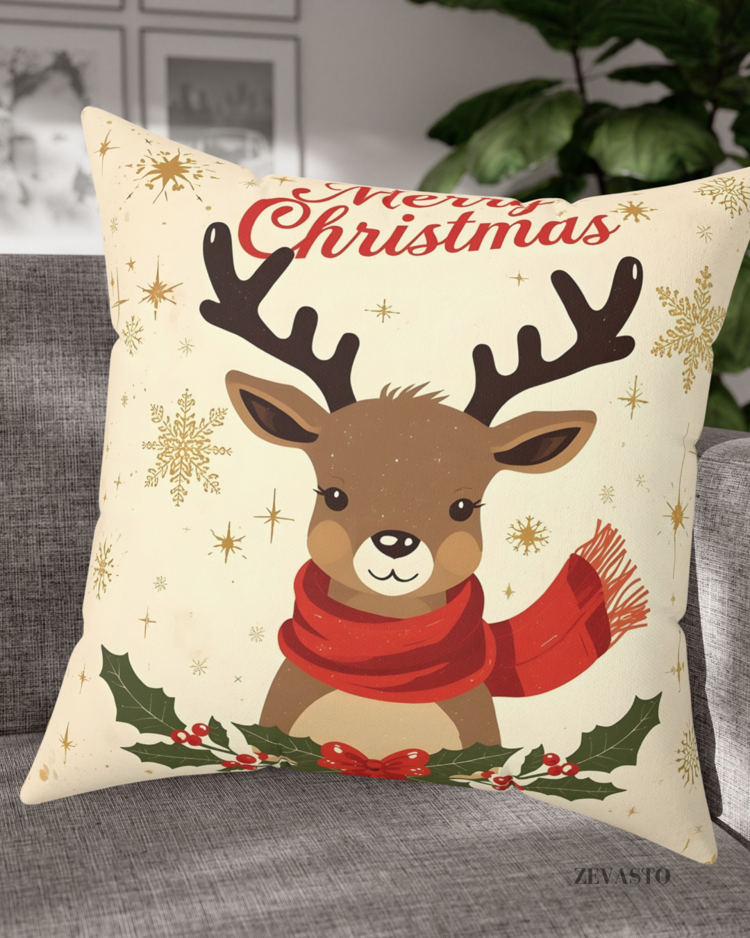 Christmas Reindeer Decorative Pillow - Cute Holiday Throw Cushion with 'Merry Christmas' Design