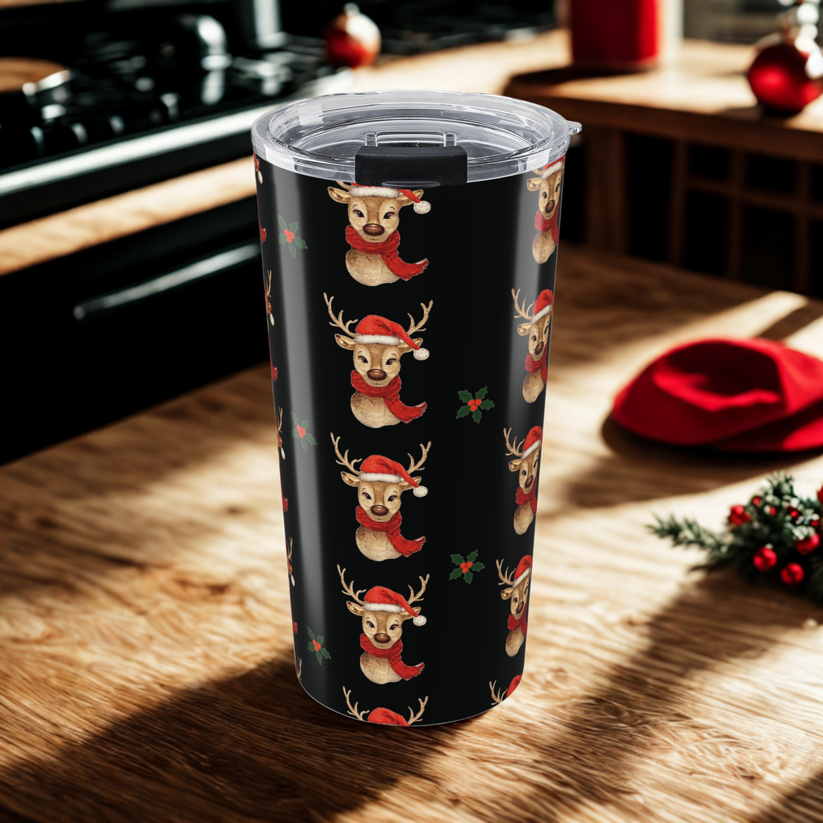 Christmas Reindeer Tumbler, 20oz Holiday Drinkware, Cute Gift for Her, Festive Travel Cup, Winter Beverage Flask