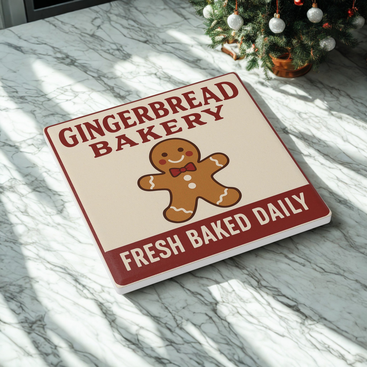 Gingerbread Bakery Ceramic Coaster — Fresh Baked Daily Holiday Drinkware