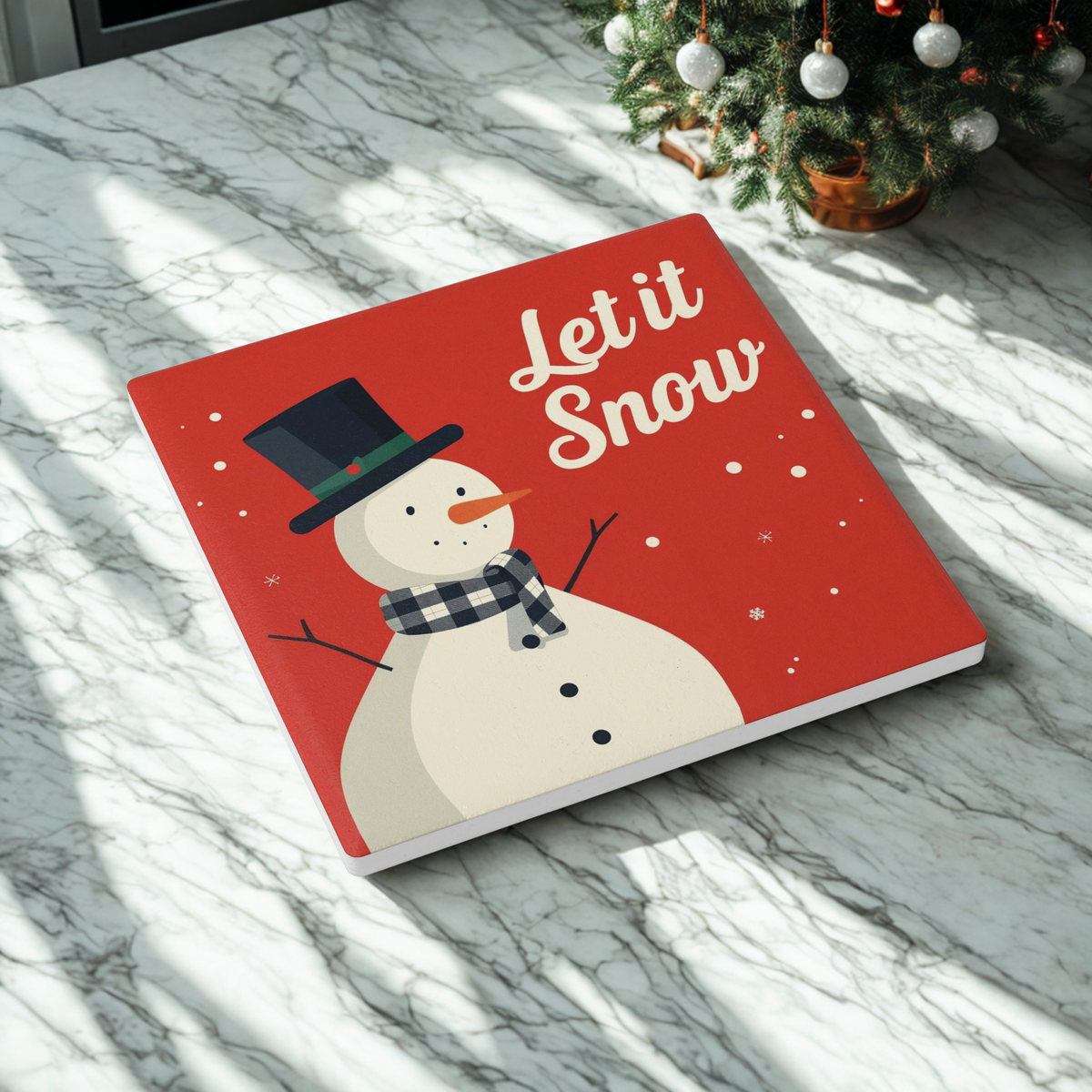 Let It Snow Snowman Ceramic Coaster — Holiday Drink Coaster, Christmas Table Decor
