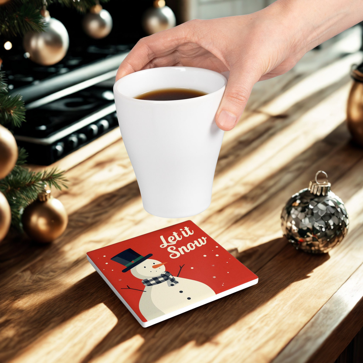 Let It Snow Snowman Ceramic Coaster — Holiday Drink Coaster, Christmas Table Decor