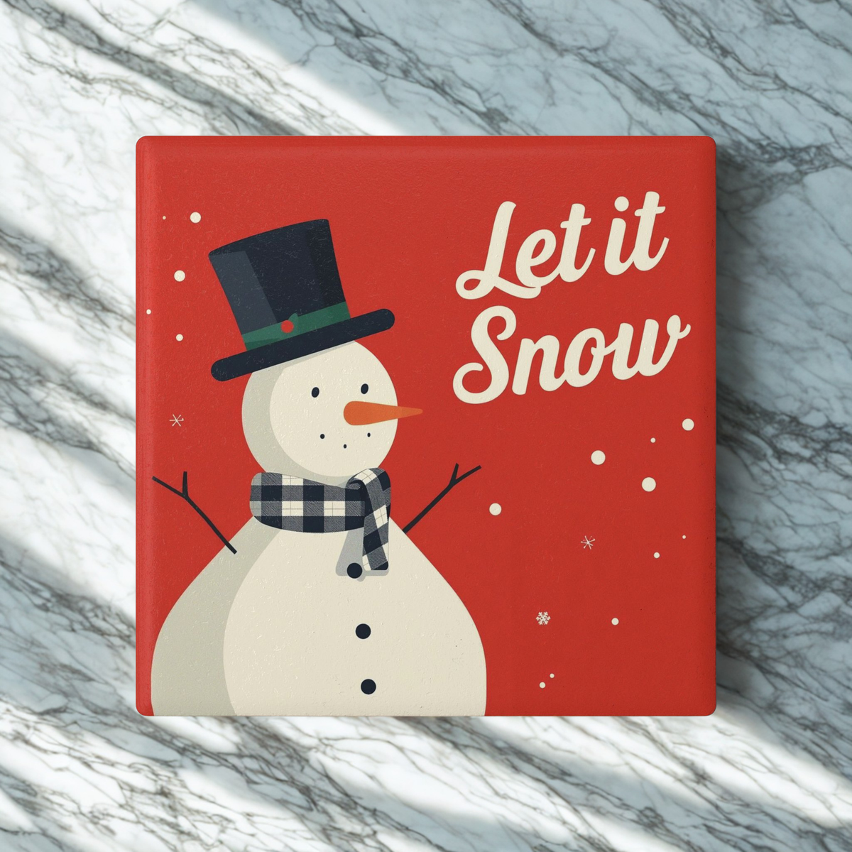 Let It Snow Snowman Ceramic Coaster — Holiday Drink Coaster, Christmas Table Decor