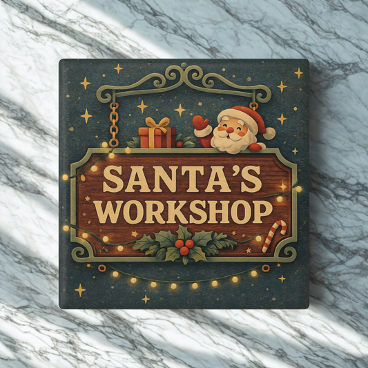 Santa's Workshop Ceramic Coaster — Vintage Christmas Coaster