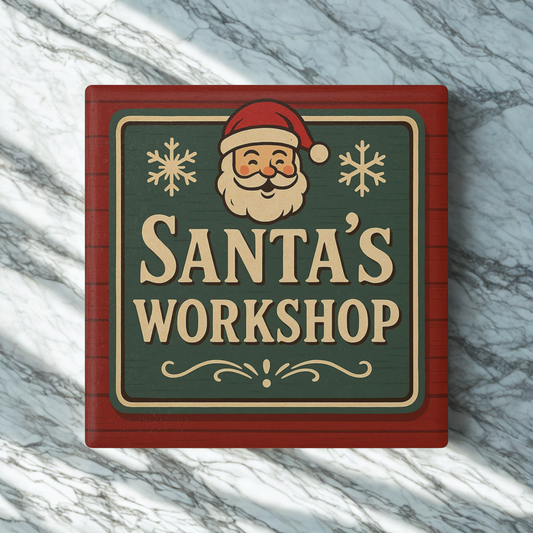 Santa's Workshop Ceramic Coaster — Vintage Christmas Holiday Drink Coaster