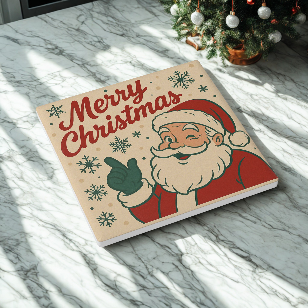 Ceramic Coaster - Vintage Santa 'Merry Christmas' Holiday Drink Coaster