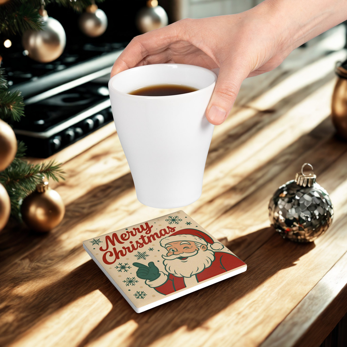 Ceramic Coaster - Vintage Santa 'Merry Christmas' Holiday Drink Coaster