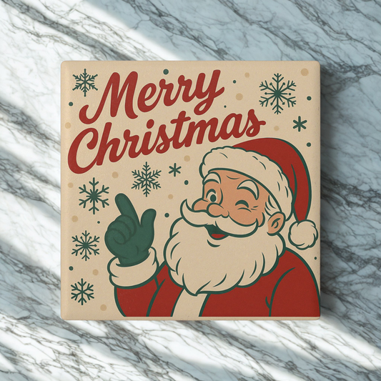 Ceramic Coaster - Vintage Santa 'Merry Christmas' Holiday Drink Coaster