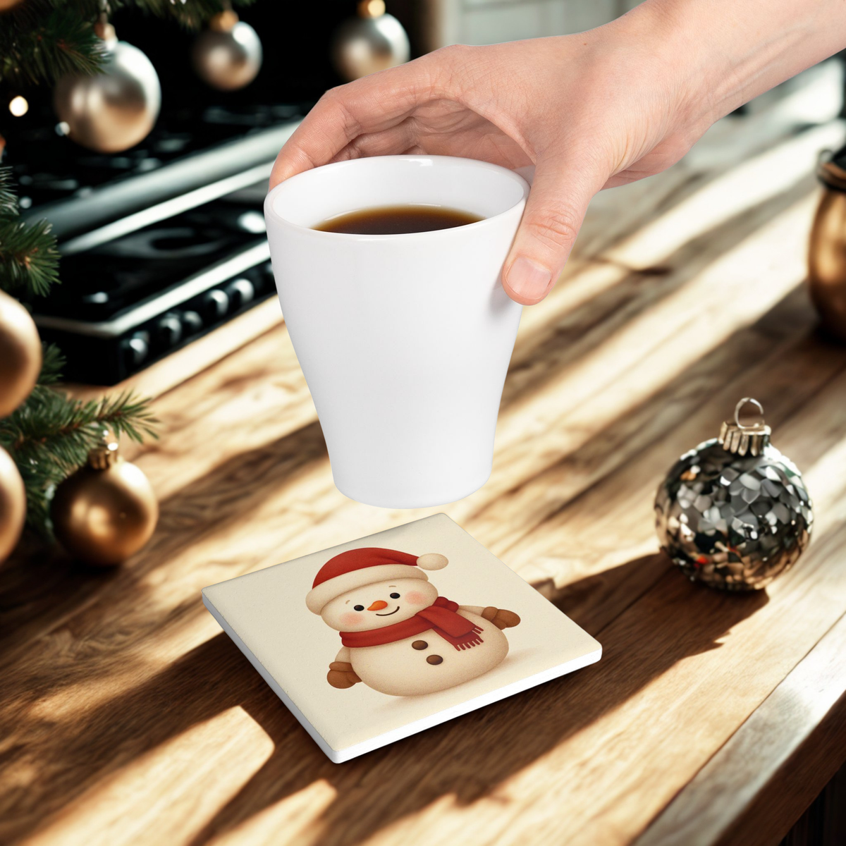 Cute Snowman Ceramic Coaster – Holiday Christmas Drink Coaster, Festive Winter Table Decor