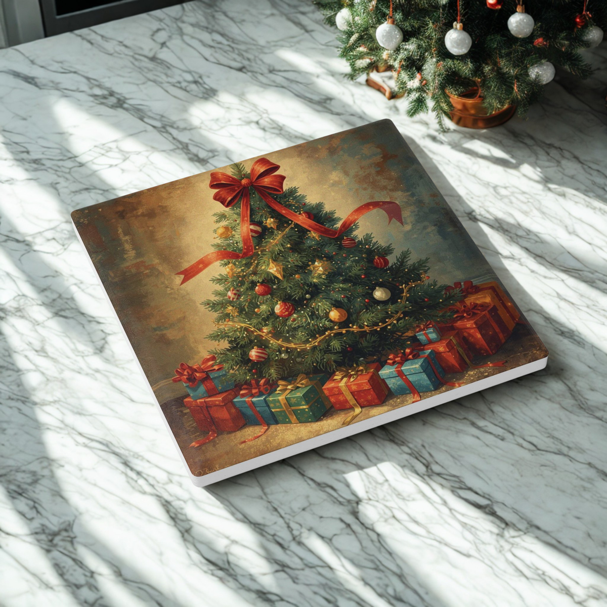 Vintage Christmas Tree Ceramic Coaster, Gift for Coffee Lovers