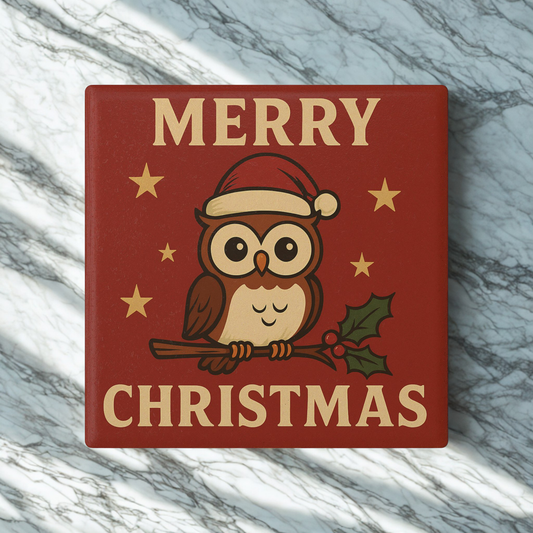 Merry Christmas Owl Ceramic Coaster — Festive Holiday Drink Coaster