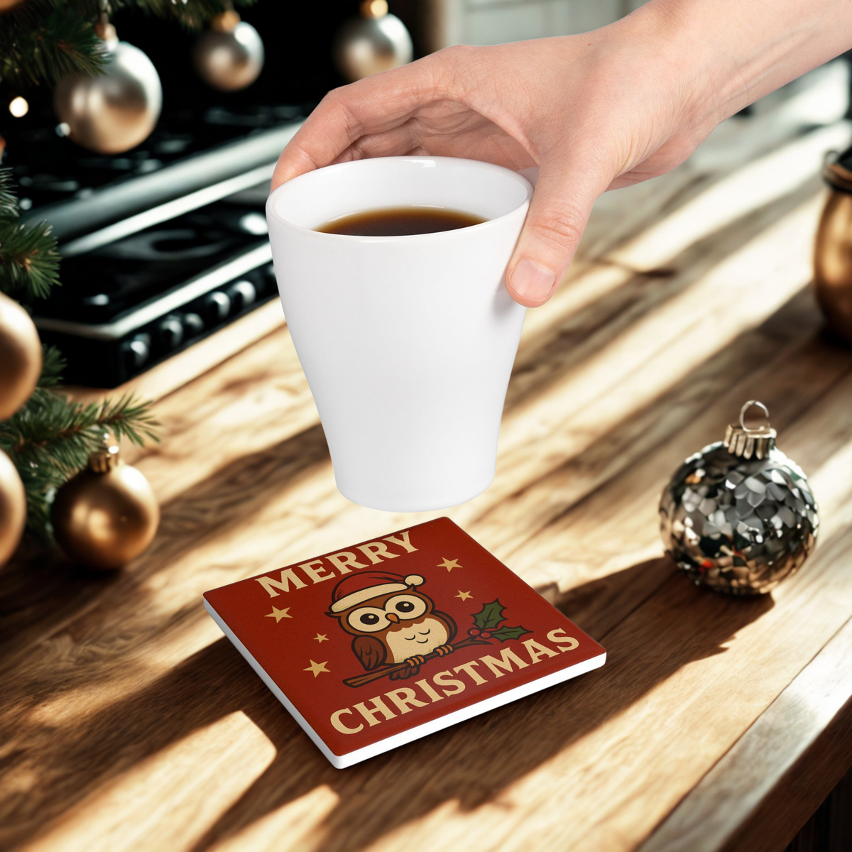 Merry Christmas Owl Ceramic Coaster — Festive Holiday Drink Coaster