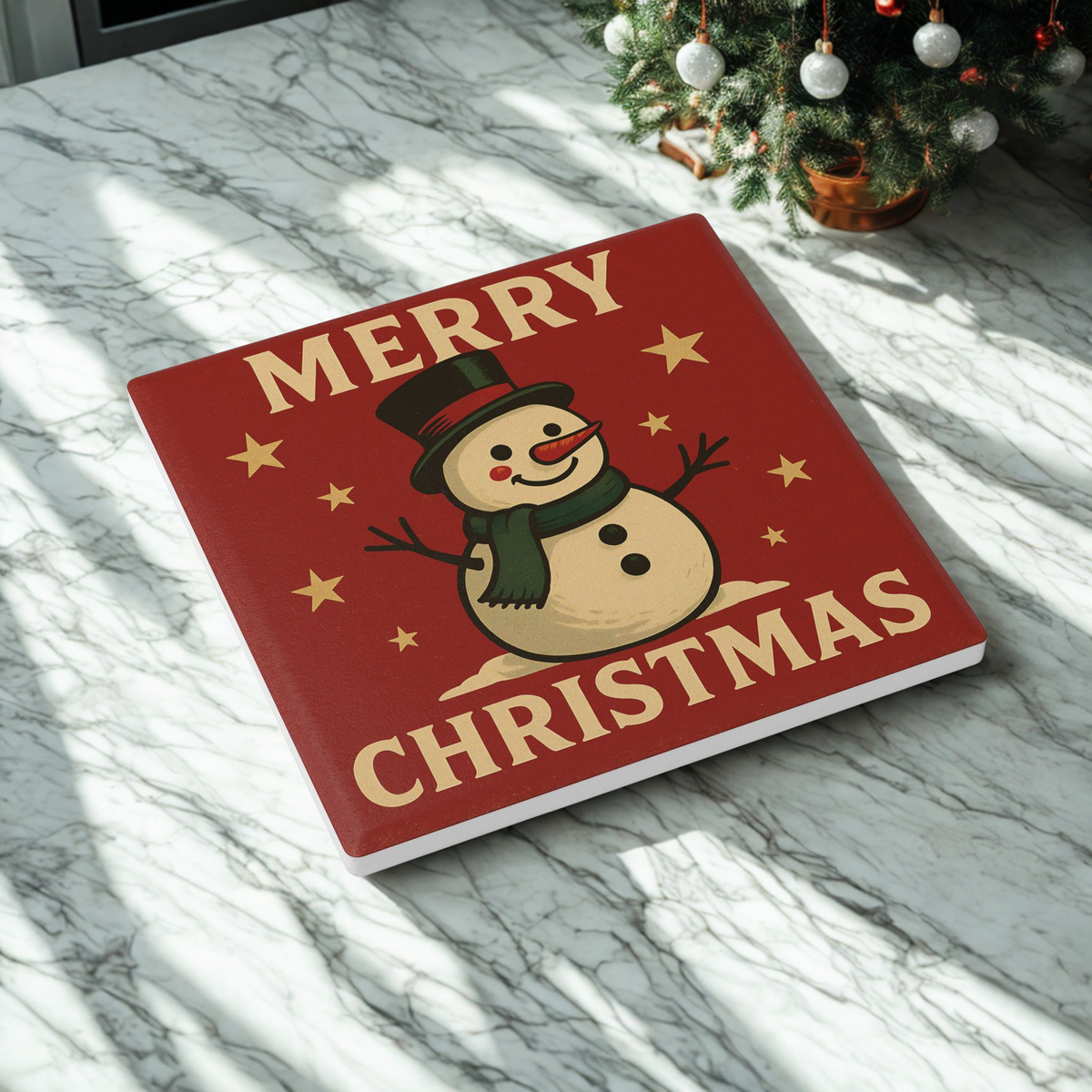 Merry Christmas Snowman Ceramic Coaster — Vintage Holiday Drink Coaster
