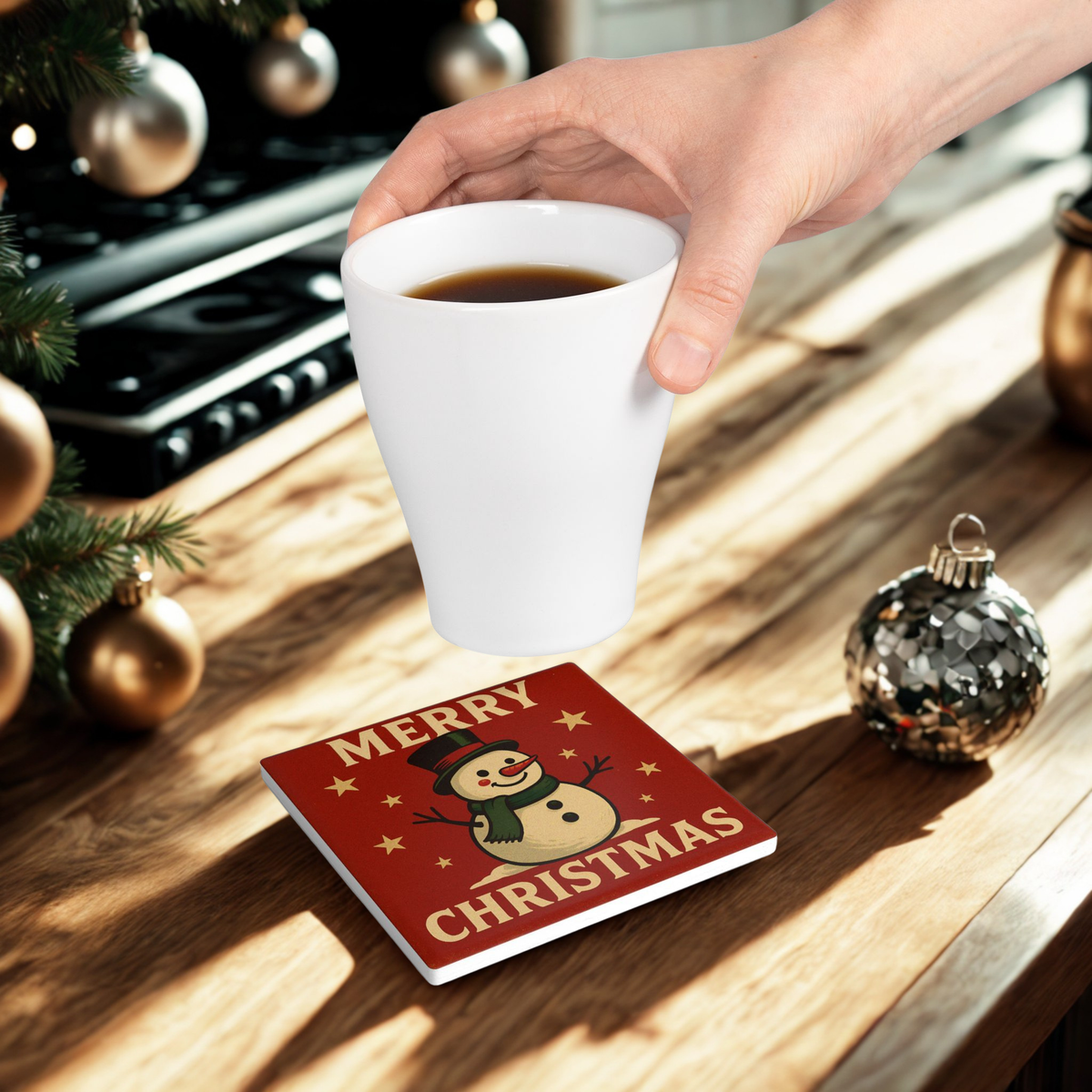 Merry Christmas Snowman Ceramic Coaster — Vintage Holiday Drink Coaster