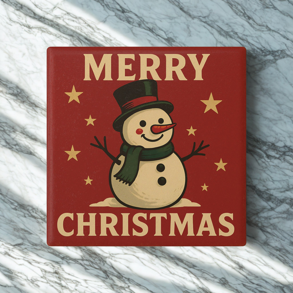 Merry Christmas Snowman Ceramic Coaster — Vintage Holiday Drink Coaster